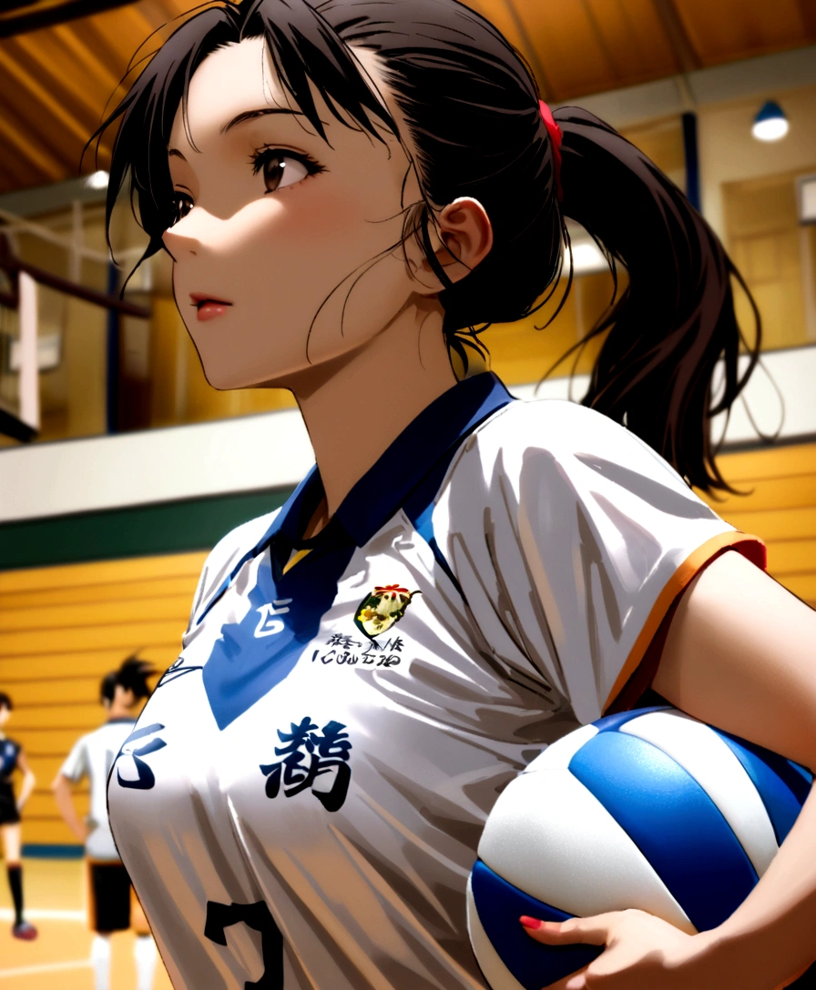 masterpiece, best quality, highres, depth of field, smiling, looking at viewer, 1girl, long hair, volleyball uniform, tall, indoor stadium, pureerosface_v1,  ulzzang-6500, holding a volleyball,