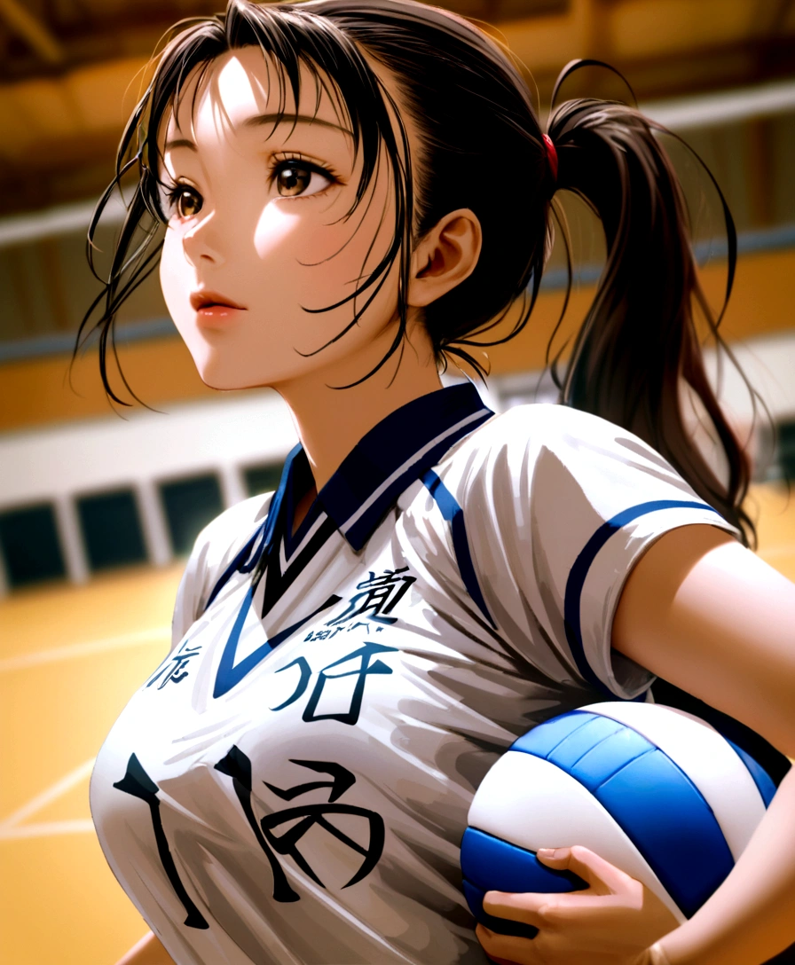 arafed asian woman holding a volleyball ball in a gym, wearing a volleyball jersey, Kotegawa Yui, Close-up portrait shot, by Kinichiro Ishikawa, Tadashi Nakayama, Japanese Model, chiho ashima, volleyball, Over the shoulder shot,