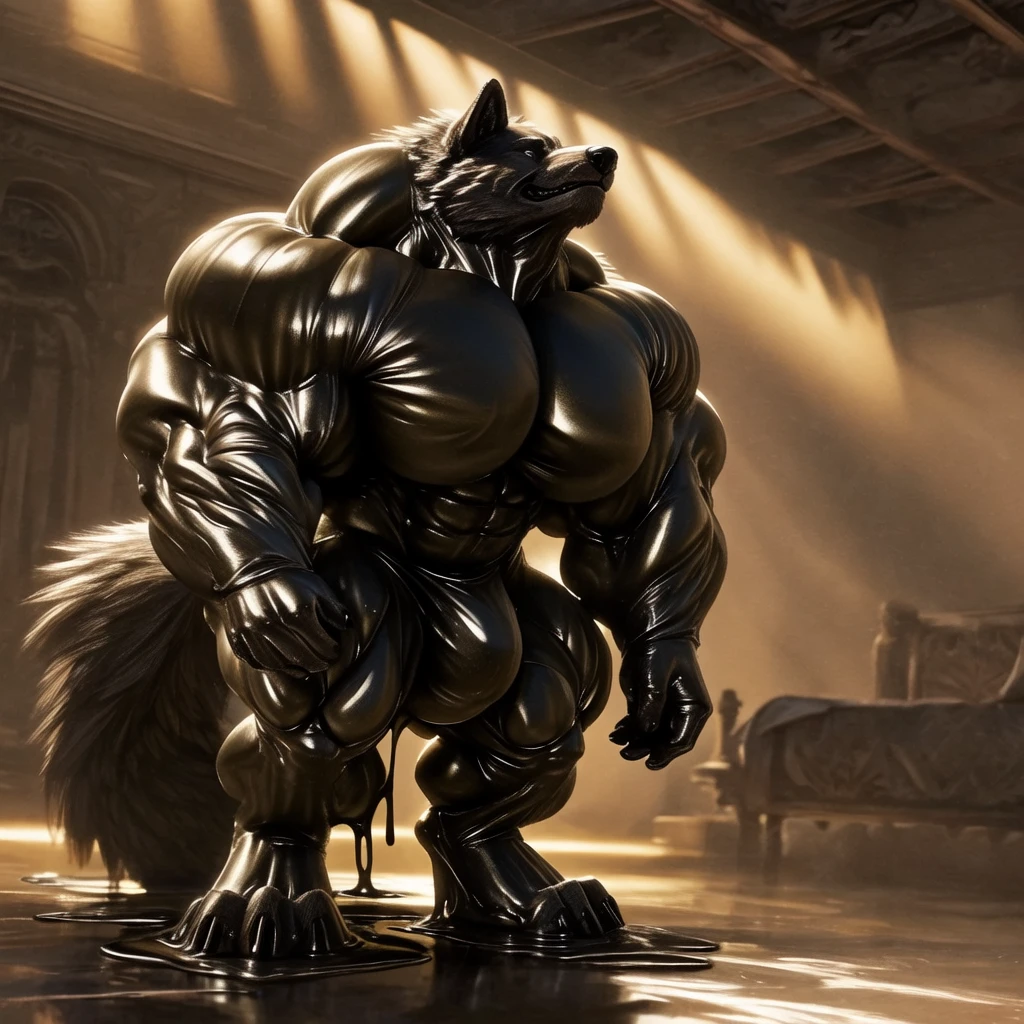 solo, male, , , , (hyper pecs:1.2), (long thick thighs:1.5), standing, indoor,,(,,(,solo,very hyper muscles:1.3)((, Huge bulge:1.3)))()), black glowing liquid,(((liquid_latex, , rubber:1.2),,black latex,goo transformation,(gooey)()(l),unreal engine,perfect light,detailed, photorealistic, 4k, hd, , , , good anatomy, , (), ,, high quality, best quality, concept art, photorealistic,wolf