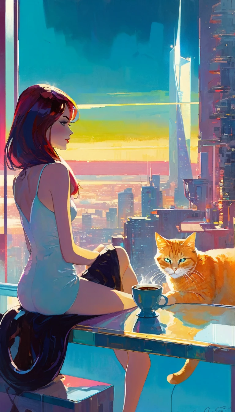 sexy girl and her pet cat, having a coffee, enjoying the views from a large terrace, views of a futuristic city:1.5. (art inspired in Bill Sienkiewicz). oil painting)
