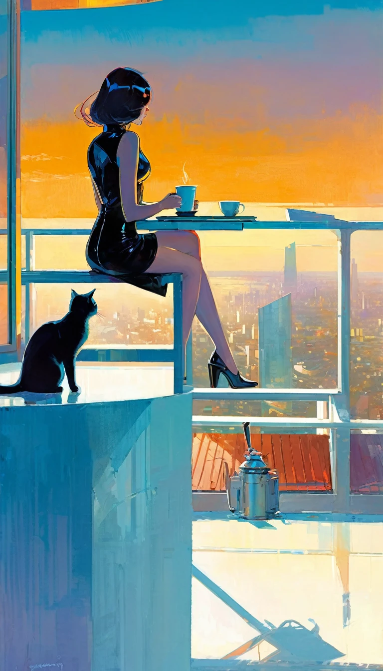 sexy girl and her pet cat, having a coffee, enjoying the views from a large terrace, views of a futuristic city:1.5. (art inspired in Bill Sienkiewicz). oil painting)