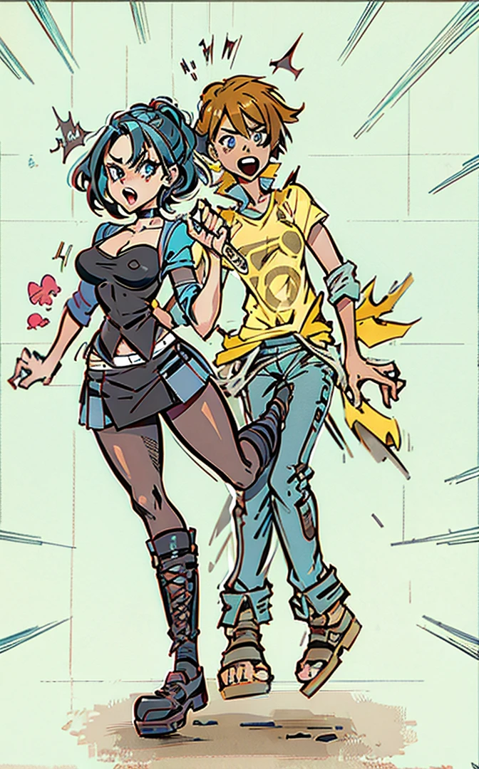 1 man 1 girl ;Sexy Manga comic sensual brunette girl blue eyes wet white t-shirt v-neckline, schoolar mini skirt and high heels boots she is squeezing a man in his groin big Dick, big balls burst(nsfw)(bigboob)(highly detailed) (concept art) (manga) (anime) (draw) (face anime detailed) (comics)(ballbusting)(wet t-shirt) (wet girl) (nipples)