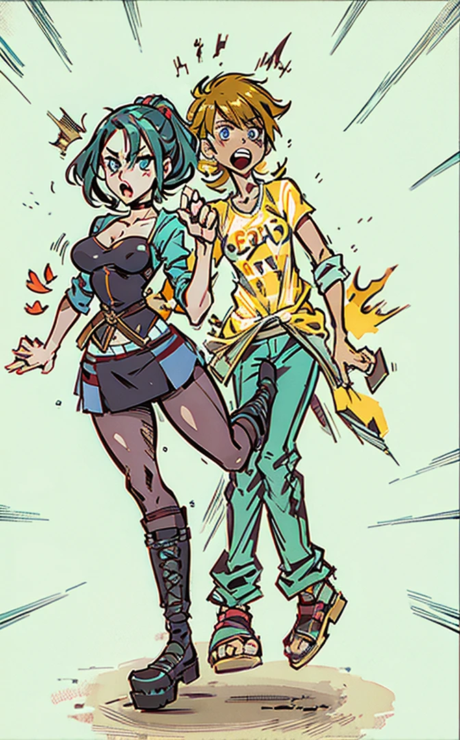 1 man 1 girl Manga comic sensual brunette girl Straight loose hair, blue eyes wet white t-shirt, black tabled skirt In a sensual pose, she teach self defense knee with a woden dummy (bigboob big ass) (wet t-shirt) (highly detailed) (concept art) (manga) (anime) (draw) (face anime detailed) (comics)