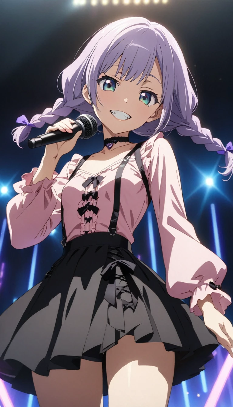 (Cute a girl:1.5), ((a girl with closs hair pin,pale purple hair,wavy two braids,bluntbangs hair,green and black eyes,
pink shirt,cosplay, jirai kei, bangs, black skirt, black bow, looking at viewer, bow, long sleeves, choker, ribbon,pink lips,Thick-soled boots,fullbody shot :1.4),boots focus,
(masterpiece:1.3), anime visual, small breast,slim,The girl holds the microphone in both hands and singing ,Turn towards the viewer, show your teeth and wave your hand.:1.4),(masterpiece:1.3), anime visual, (Lovey-dovey:1.5), (tilt head:1.3), extremely delicate face, soft clean focus, realistic lighting and shading, (an extremely delicate and beautiful art:1.3), elegant,  small breast,slim,smiling,The dazzling lights of the concert venue, the countless purple glow sticks,