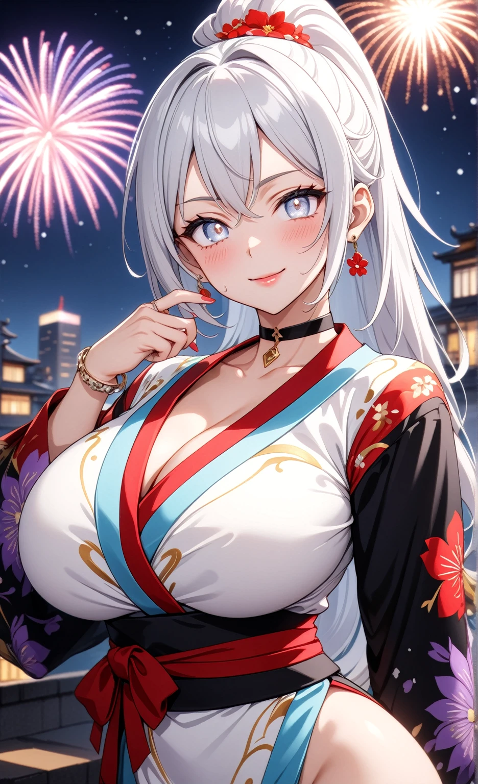 ((One personの女性)), Beautiful Face,Laughing shyly,((Wink:2.0)),Laugh with your mouth wide open((Bright red cheeks:1.4)),Glossy pink lips,night,rooftop,Festive decorations,You can see the ocean, firework,Laughing with your mouth open,Glossy pink lips,Lighting on the face,((Anime style background)),masterpiece, Highest quality, so beautiful,Latest, Complex details, (Pink long nails),(ring),(bracelet),(choker),AI-generated, Complex,High resolution, Highest quality, super high quality,3D Images、View your viewers、3D Images,One person,Long white hair,High Ponytail,(blue eyes),Anime woman posing for a photo, ((Fine grain、Silvery white colorful eyes、Shining Eyes:1.4)),(Squint your eyes:1.1),a hyperRealistic , hyperRealistic , Realistic,Anime woman with long and white hair, Smooth anime CG art, A woman in a colorful kimono with gold embroidery, (Black long sleeve kimono),Red floral pattern,Long flower hair ornament,Big earrings,Mature Body,(Big Breasts:1.1),Tall,Abdominal muscles,Narrow waist,(Zoom in on face:1.8),Shooting from below at an angle