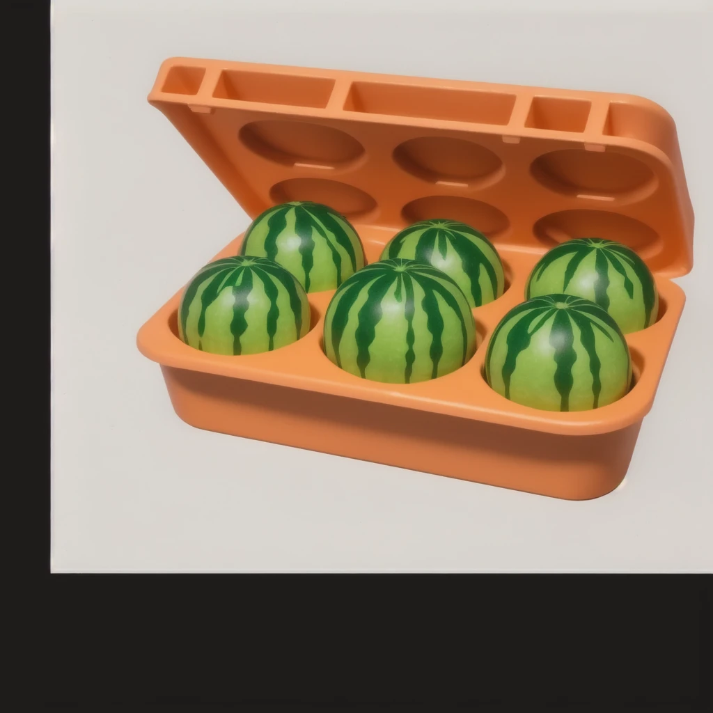 on a white background, in a plastic egg tray, 6 tiny watermelons, the tray has 6 egg-shaped holes, bright lighting, beautiful light from the window, high quality, high resolution, realistic style, detailed textures, beautiful light source, ultra hd 4k. macro photography. beautiful photo