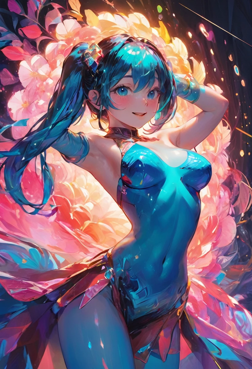 (Highest quality, 16k, High resolution, masterpiece:1.1), Very detailed, (Realistic, photoRealistic, photo-Realistic:1.1), expressive aesthetics, 1960s counterculture, Brightly colored humanoid, Psychedelic Art, Erotic art style, Sharp details, abstract pattern, , , , , , , love juice background, Fractal Art, Multicolored neon lights, A unique and trippy perspective, landscape, Hallucinations, a mind-changing experience, Motion Blur, Fluid movement, Synthesizer Sounds, Realistic fur rendering, Rich and vibrant color palette, , Mysterious glow, high contrast lighting, , ,, Both eyes are the same size, One Girl, alone, huge breasts, , , , , shiny skin, , , , , , , , Red cheeks, Shiny rosy lips, Sexy posture, Dynamic pose,Lens flare, Hatsune Miku, , cyan hair, ，Chest compressions, , , , , black pantyhose, , , drunken eyes, , , perky breasts, , , , , ,([Wet:1.1|Mucus]), sexual ecstasy, , seductive smile