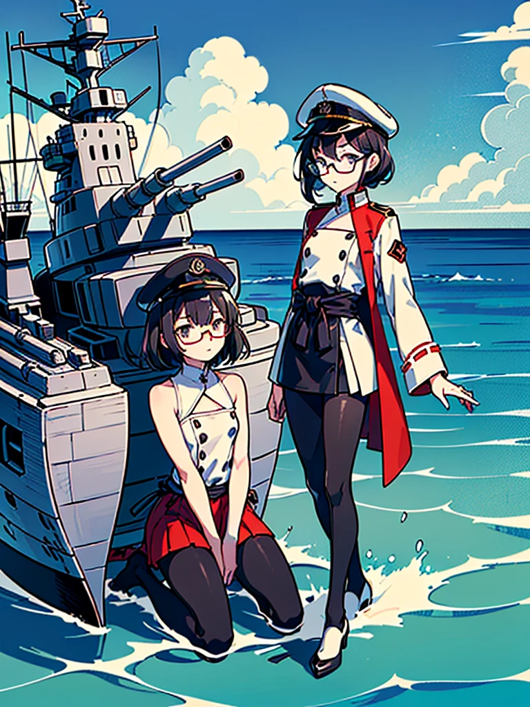 ((((Full body of a woman with perfect flat chest、Short unkempt black hair、white military jacket、Miko costume、tights、Black glasses、White military cap、Cloudy eyes、Sleepy expression)))), (((masterpiece))), (((Shipgirl))), ((Floating on the morning sea with both feet)), (Spread your legs wide open), (Hold the turret with your right hand), (Mechanical arms extending from the waist are used to equip the ship with battleship equipment.), (Equipped with a turret on the back), (Holds the turret with his left arm), Torpedo tubes strapped to thighs, Spreading the Machine's Wings, Machine tail, shotgun,