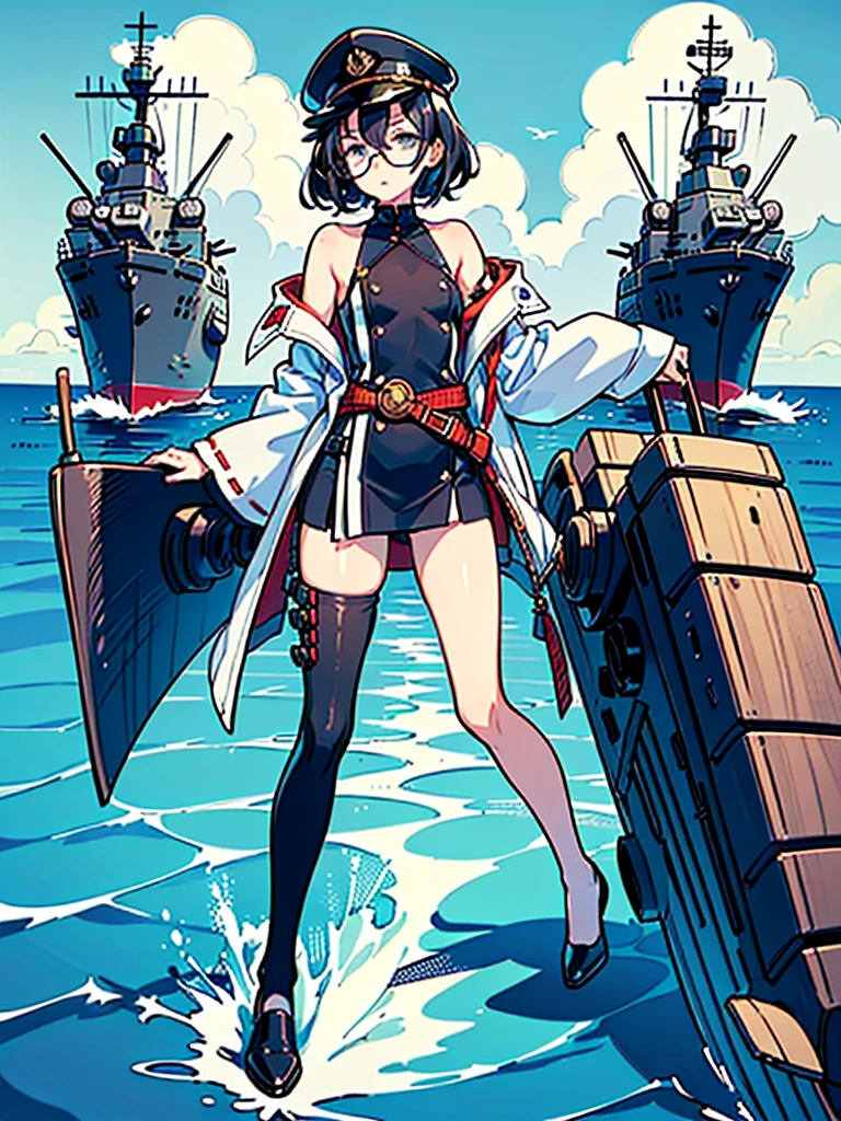 ((((Full body of a woman with perfect flat chest、Short unkempt black hair、white military jacket、Miko costume、tights、Black glasses、White military cap、Cloudy eyes、Sleepy expression)))), (((masterpiece))), (((Shipgirl))), ((Floating on the morning sea with both feet)), (Spread your legs wide open), (Hold the turret with your right hand), (Mechanical arms extending from the waist are used to equip the ship with battleship equipment.), (Equipped with a turret on the back), (Holds the turret with his left arm), Torpedo tubes strapped to thighs, Spreading the Machine&#39;s Wings, Machine tail,  shotgun, 