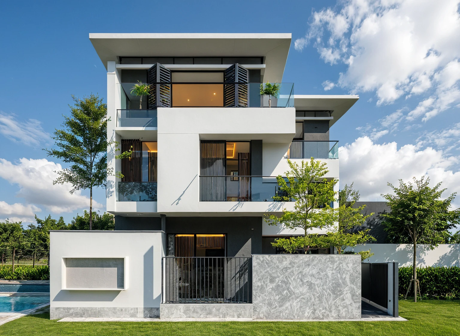Masterpiece, high quality, best quality, authentic, super detail, outdoors, onestoreyvillaXL, aiaigroup, house style modern on the street ,stairs, white wall ,road,pavement, grass, trees, sky, cloud, (daylight:1.1),((pool front of villa))