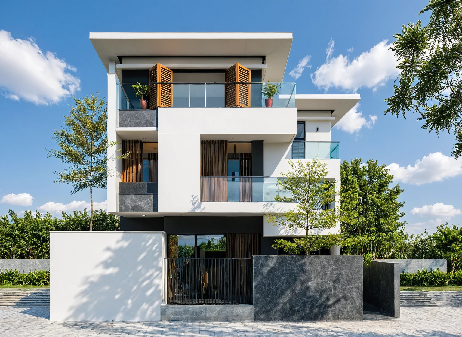 Masterpiece, high quality, best quality, authentic, super detail, outdoors, onestoreyvillaXL, aiaigroup, house style modern on the street ,stairs, white wall ,road,pavement, grass, trees, sky, cloud, (daylight:1.1),((pool front of villa))

