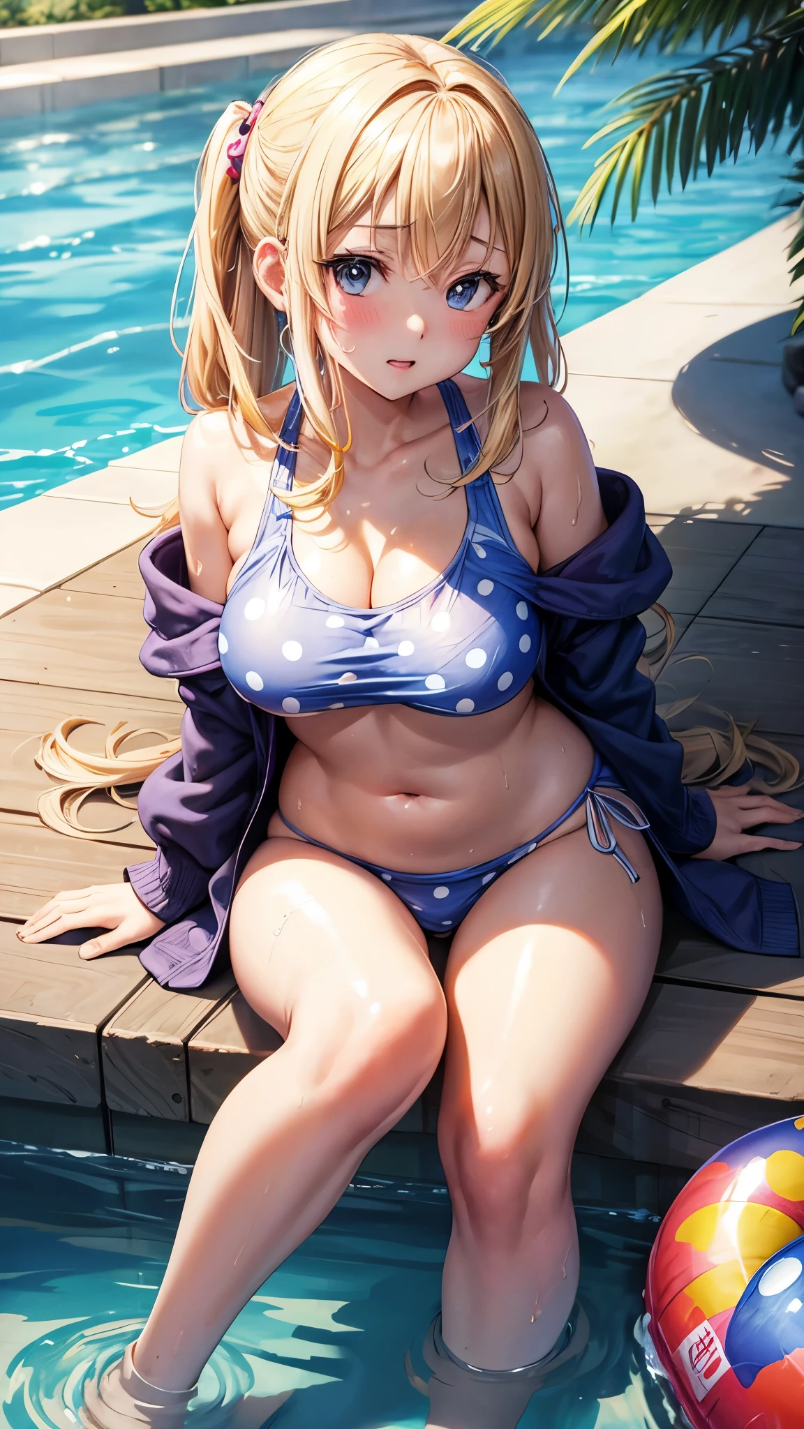 (highest quality)), ((masterpiece)), (family friendly), Perfect Face,Shiny skin,Beautiful breasts,Kyoto Animation style drawing,Shiny skin、hoodie、Sunburned skin、Sweat、Off the shoulder、((Polka dot swimsuit))、Double teeth、Sit on a chair、Leg spread
、Young、Big Breasts、Embrace、hot spring、dark skin、close、near、Having popsicles、night、Blonde、bath towel、(((Belly button)))