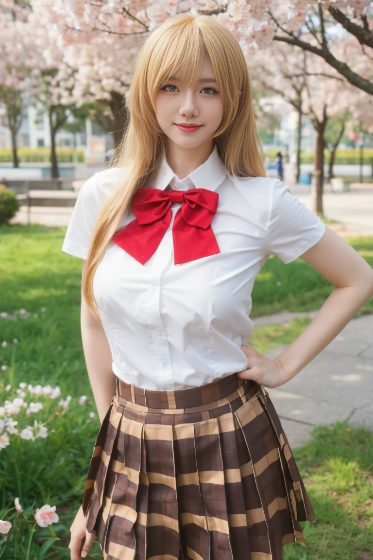 best quality, tmasterpiece,Ultra-high resolution,Clear face,（Reality：1.4），ferpect lighting，(upper body shot:1.5), (photorealistic:1.50), anime wallpaper, Guviz style artwork, cover-up fantasy up to magic , by Yang J, Guviz, beautiful artwork illustration, beautiful digital artwork, beautiful digital illustration, Li Song, beautiful anime portrait, art style in Beauvot, 1girl,独奏,thanks, long hair, red bowtie, white shirt, short sleeves, plaid skirt, brown skirt, pantyhose, sitting, cowboy shot, leaning forward, arms behind back, outdoors, cherry blossoms, smile, open mouth, blonde hair,