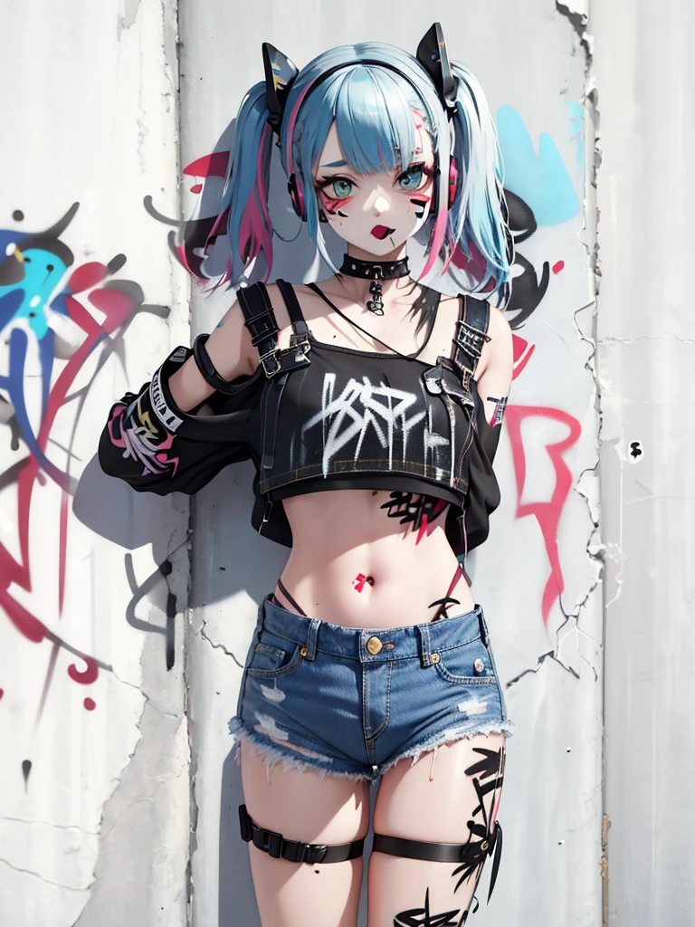 masterpiece, best quality, 1girl, solo, crop top, denim shorts, choker, (graffiti:1.5), paint splatter, arms behind back, against wall, looking at viewer, armband, thigh strap, paint on body, head tilt, bored, multicolored hair, aqua eyes, headset,
