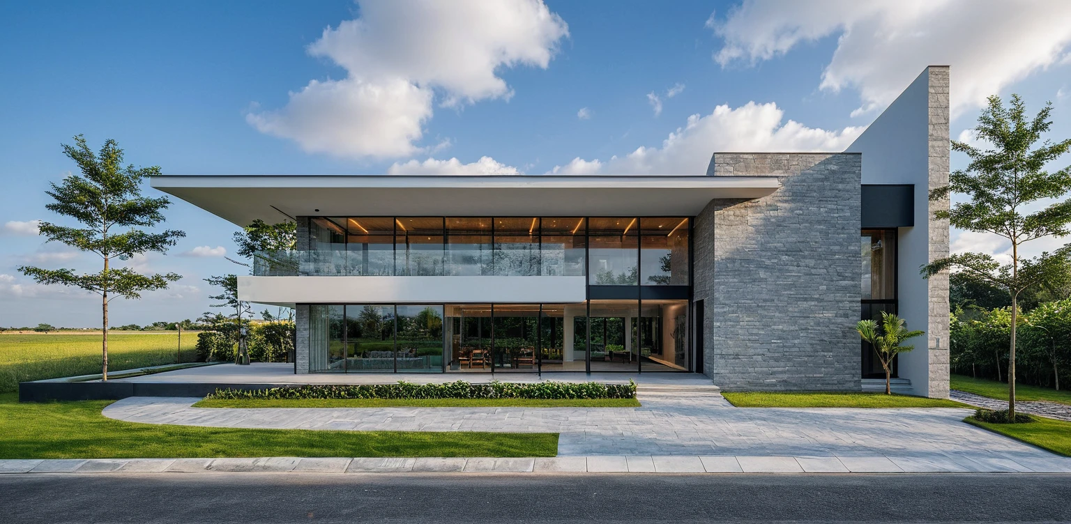 Masterpiece, high quality, best quality, 3d rendering, super detailed, outdoor, two-story villa, aiaigroup, modern house style on the street, stairs, white wall, accent wall Gray stone cladding on the left, road, sidewalk, grass, trees, sky, clouds, (daylight: 1.1)