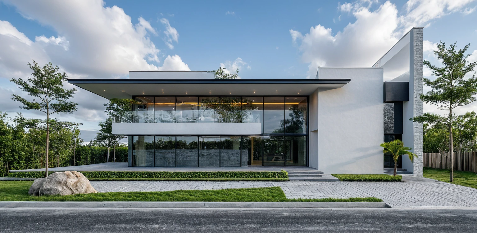 Masterpiece, high quality, best quality, 3d rendering, super detailed, outdoor, two-story villa, aiaigroup, modern house style on the street, stairs, white wall, accent wall Gray stone cladding on the left, road, sidewalk, grass, trees, sky, clouds, (daylight: 1.1)