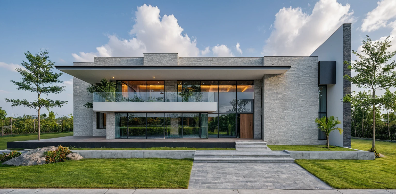 Masterpiece, high quality, best quality, 3d rendering, super detailed, outdoor, two-story villa, aiaigroup, modern house style on the street, stairs, white wall, accent wall Gray stone cladding on the left, road, sidewalk, grass, trees, sky, clouds, (daylight: 1.1)