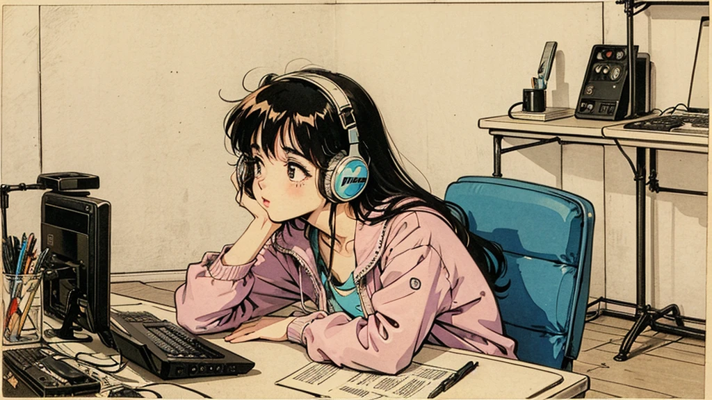 1 girl, 80s anime style, I have headphones on, coffee, Retro, Lo-Fi