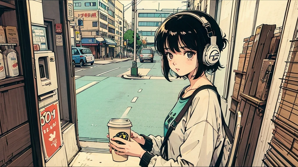 1 girl, 80s anime style, I have headphones on, coffee, Retro, Lo-Fi