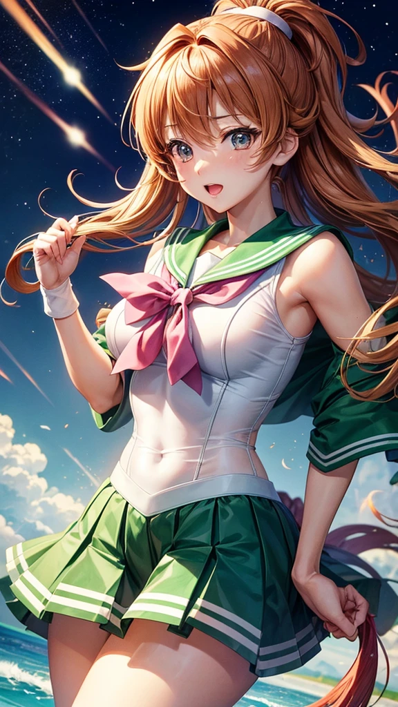 Sailor jupiter, closed eyes, ponytail, tiara, jewelry, sailor senshi crop-top , green sailor collar, choker, elbow gloves, white gloves, pink bow, brooch, leotard, green panties, unconscious, decubitus supine,  lying in the floor arms open Horizontal, legs open front to front, anime 90s 