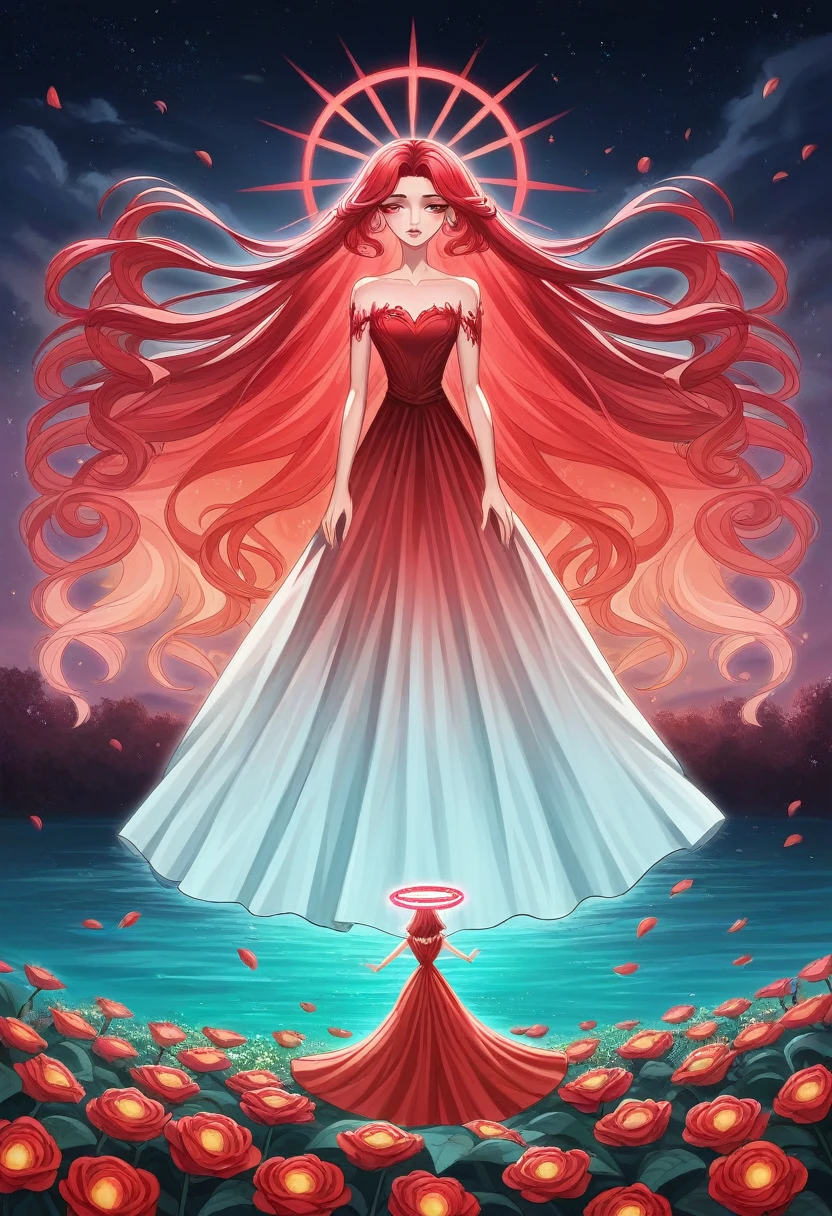 Close-up, looking at the camera, beautiful girl, garlic, flower, (beautiful girl), delicate facial features, detailed portrayal of the corners of the eyes, bust photo, moist lips, sad eyes, tears, crying, long red hair, smooth and delicate skin, ((red clothes)), red long skirt, exposed thighs, brilliant and colorful, fantasy art, mysticism, dream scenes, dreams, dream lights, seduction, psychedelic, misty halo, (((night))), ((night)), riverbank, full of flowers on the other side, dream, Flying red tiny petals, red fluorescent petals, fluorescent flowers, fluorescent flowing water, standing in the water, shallow water, master works, extreme details, dissecting correctly, correct limbs, accurate, hud, HD, exquisite details, 8K, red light