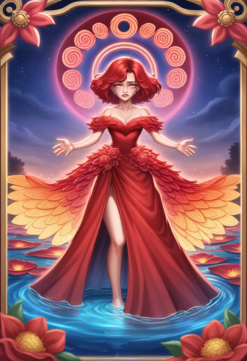 Close-up, looking at the camera, beautiful girl, garlic, flower, (beautiful girl), delicate facial features, detailed portrayal of the corners of the eyes, bust photo, moist lips, sad eyes, tears, crying, long red hair, smooth and delicate skin, ((red clothes)), red long skirt, exposed thighs, brilliant and colorful, fantasy art, mysticism, dream scenes, dreams, dream lights, seduction, psychedelic, misty halo, (((night))), ((night)), riverbank, full of flowers on the other side, dream, Flying red tiny petals, red fluorescent petals, fluorescent flowers, fluorescent flowing water, standing in the water, shallow water, master works, extreme details, dissecting correctly, correct limbs, accurate, hud, HD, exquisite details, 8K, red light