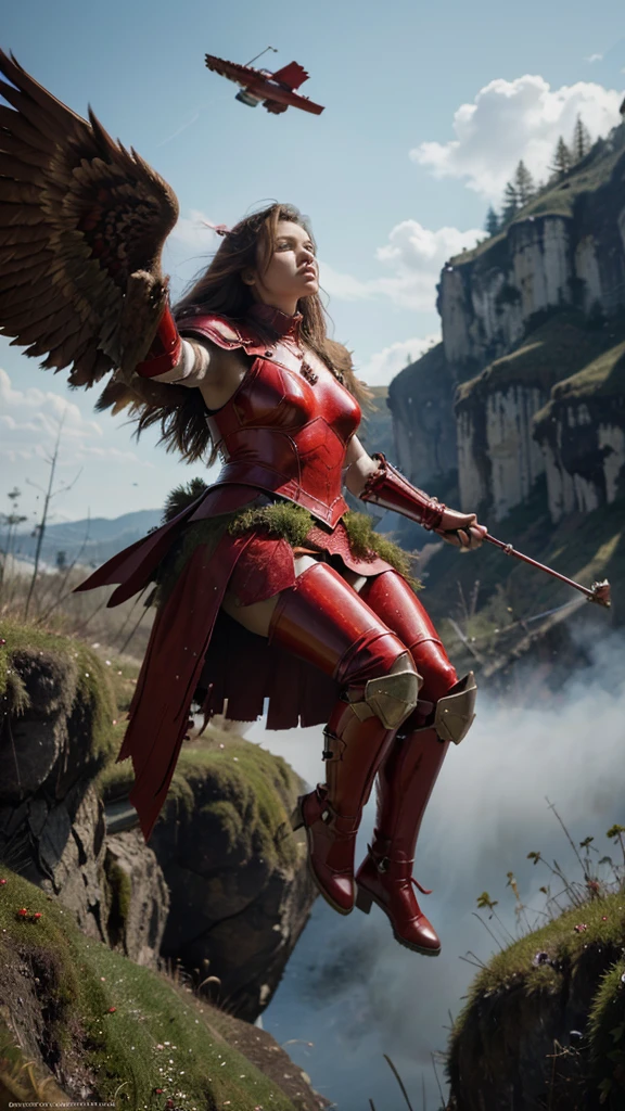 absurd decision, A high resolution, (masterpiece: 1.4), hyperdetailing, and moss, red armor with red wings, Soaring flight in the sky (1.8) The background is wild, fire