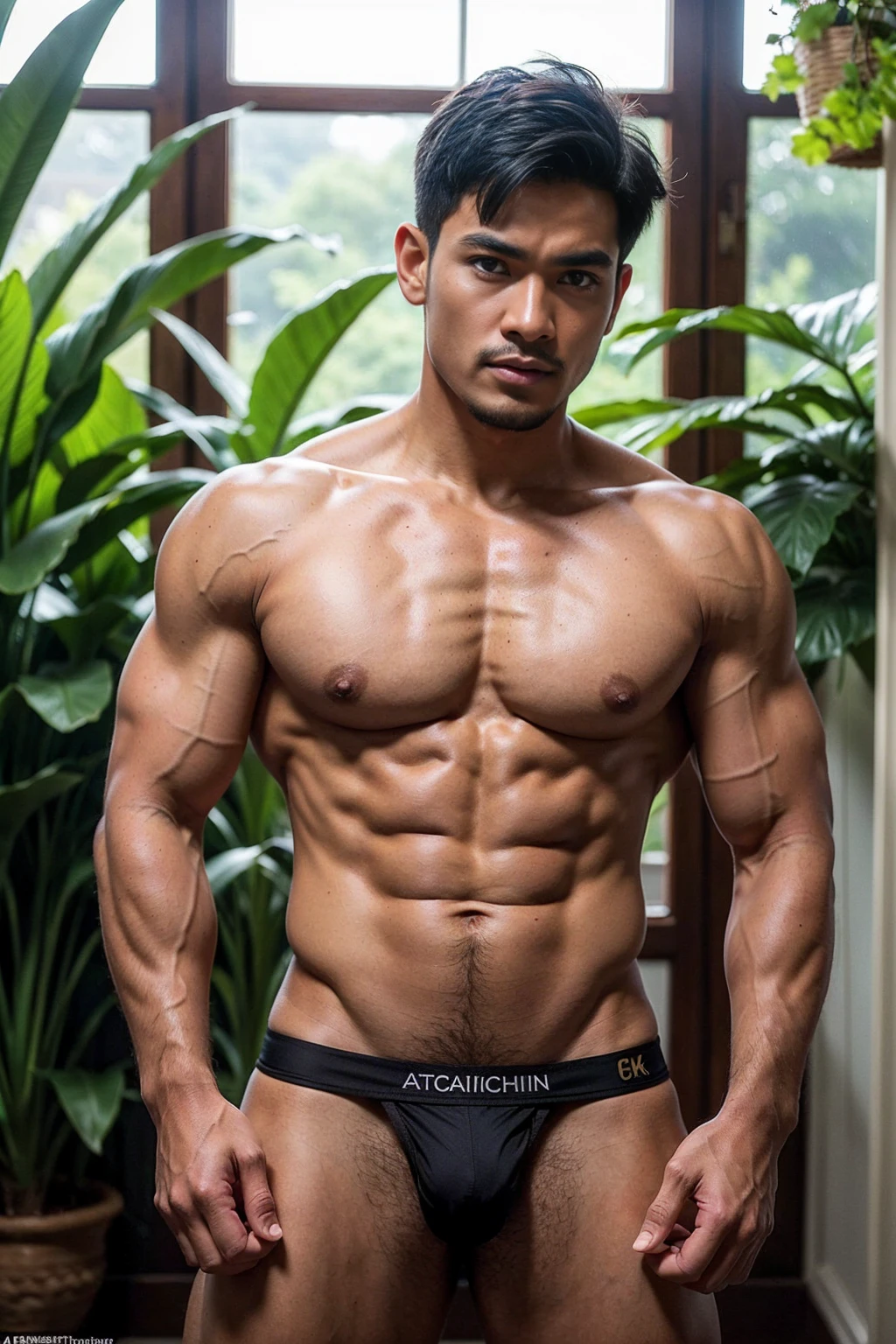 Ancient Thai Daddy,60 year old,Thai nationality,Thai ethnicity,Corn field background,skinny boy body, muscle body,sport body, big muscle, Handsome face,Six Pack,muscle,Crew Cut Men's hairstyle, He was wearing tight Yellow and Grteen Calvin Klein underwear and curved legs., perfect , male , correct male scrotum, perfect scrotum, male structure, short detailed hair, Sexy guy, looking at viewer, standing,highest detail, superior quality, natural lighting, beautiful, sexy, correct anatomy, good composition, man focus,amazing composition, front view, HDR, volumetric lighting, ultra quality, elegant,vpl,the middle of the picture,Fujifilm XT3 photorealistic art by midjourney,(Best quality, 8k, Masterpiece).,highest detail, superior quality, natural lighting,realistic shapes, realistic skin tones,Natural eyes,realistic eyes,Open your eyes,Thai skin color color,Have chest hair, Have belly hair, Have pubic hair,Realistic convex crotch,Prominent crotch,huge crotch,tight crotch,vpl,realistic muscles,Realistic wrinkles on the skin,Realistic arms and legs,Realistic face,realistic hair,Post a erotic photoshoot,Realistic pose,Black hair with gray hair