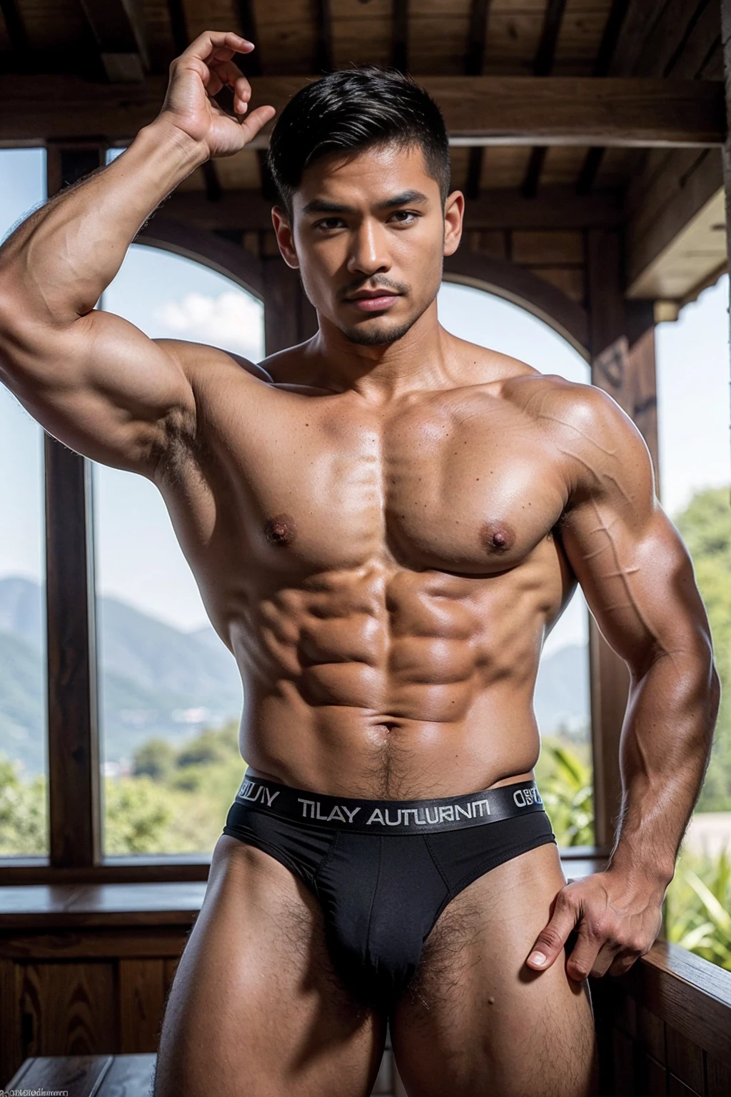 Ancient Thai Daddy,60 year old,Thai nationality,Thai ethnicity,Corn field background,skinny boy body, muscle body,sport body, big muscle, Handsome face,Six Pack,muscle,Crew Cut Men's hairstyle, He was wearing tight Yellow and Grteen Calvin Klein underwear and curved legs., perfect , male , correct male scrotum, perfect scrotum, male structure, short detailed hair, Sexy guy, looking at viewer, standing,highest detail, superior quality, natural lighting, beautiful, sexy, correct anatomy, good composition, man focus,amazing composition, front view, HDR, volumetric lighting, ultra quality, elegant,vpl,the middle of the picture,Fujifilm XT3 photorealistic art by midjourney,(Best quality, 8k, Masterpiece).,highest detail, superior quality, natural lighting,realistic shapes, realistic skin tones,Natural eyes,realistic eyes,Open your eyes,Thai skin color color,Have chest hair, Have belly hair, Have pubic hair,Realistic convex crotch,Prominent crotch,huge crotch,tight crotch,vpl,realistic muscles,Realistic wrinkles on the skin,Realistic arms and legs,Realistic face,realistic hair,Post a erotic photoshoot,Realistic pose,Black hair with gray hair