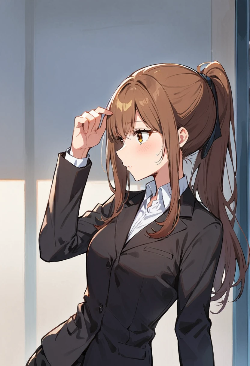 1 Girl, suit, office lady, Black trousers, Black blazer, Brown Hair, Long Hair, ager, ponytail, Cover your nose with your hand