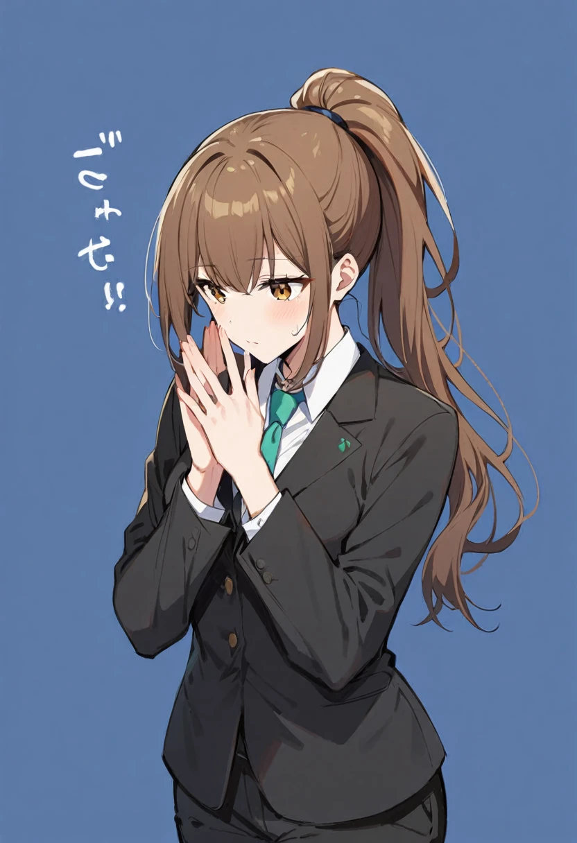 1 Girl, suit, office lady, Black trousers, Black blazer, Brown Hair, Long Hair, ager, ponytail, Cover your nose with your hand
