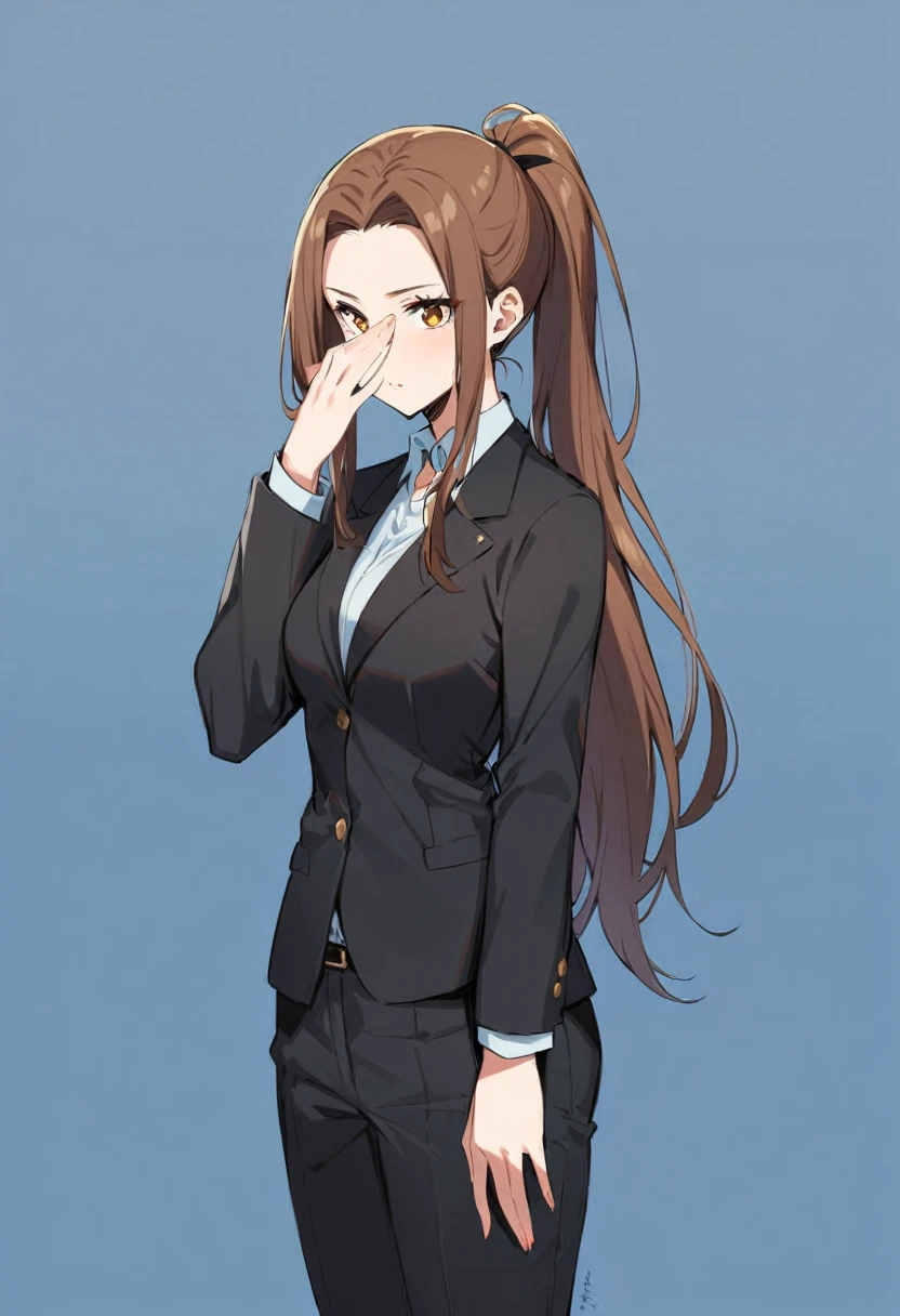 1 Girl, suit, office lady, Black trousers, Black blazer, Brown Hair, Long Hair, ager, ponytail, Cover your nose with your hand
