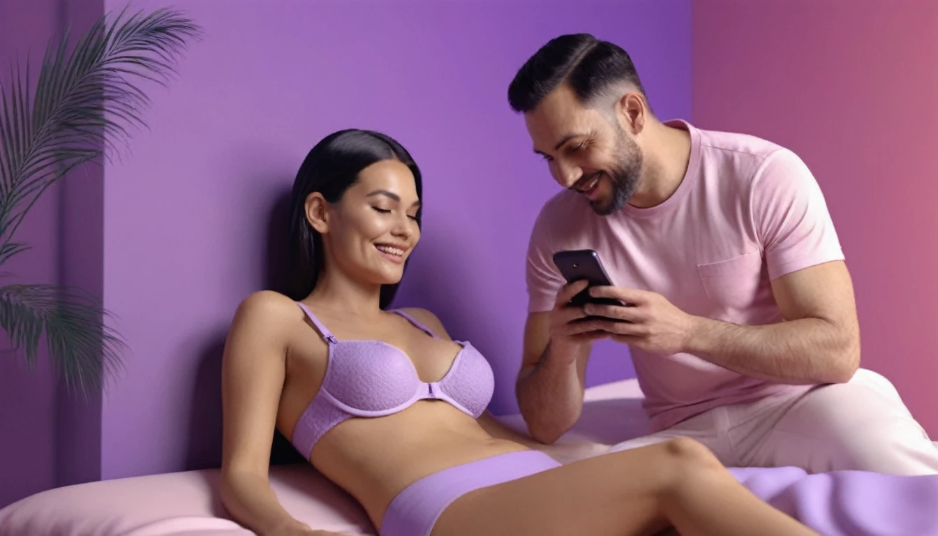 woman wearing bra doing erotic massage to a man on a bed using, she is watching smartphone, while she doing massage she use smartphone, smartphone in her hand, sensually, orgasm, mans mouth flirtingly smiling, liquid drops, skin, closeup, clear faces, macro shoots, minimalistic, in a light purple and pink style, with soft edges and blurred details, with a 3D render, on a colorful background, with a minimalist stage design, in a surreal style, with a cinema4D rendering, with a minimalist style, with low saturation, using gradient colors, with a cinema4D rendering, with a blender rendering, with super detail, at a super high resolution, at a super high definition, 4K