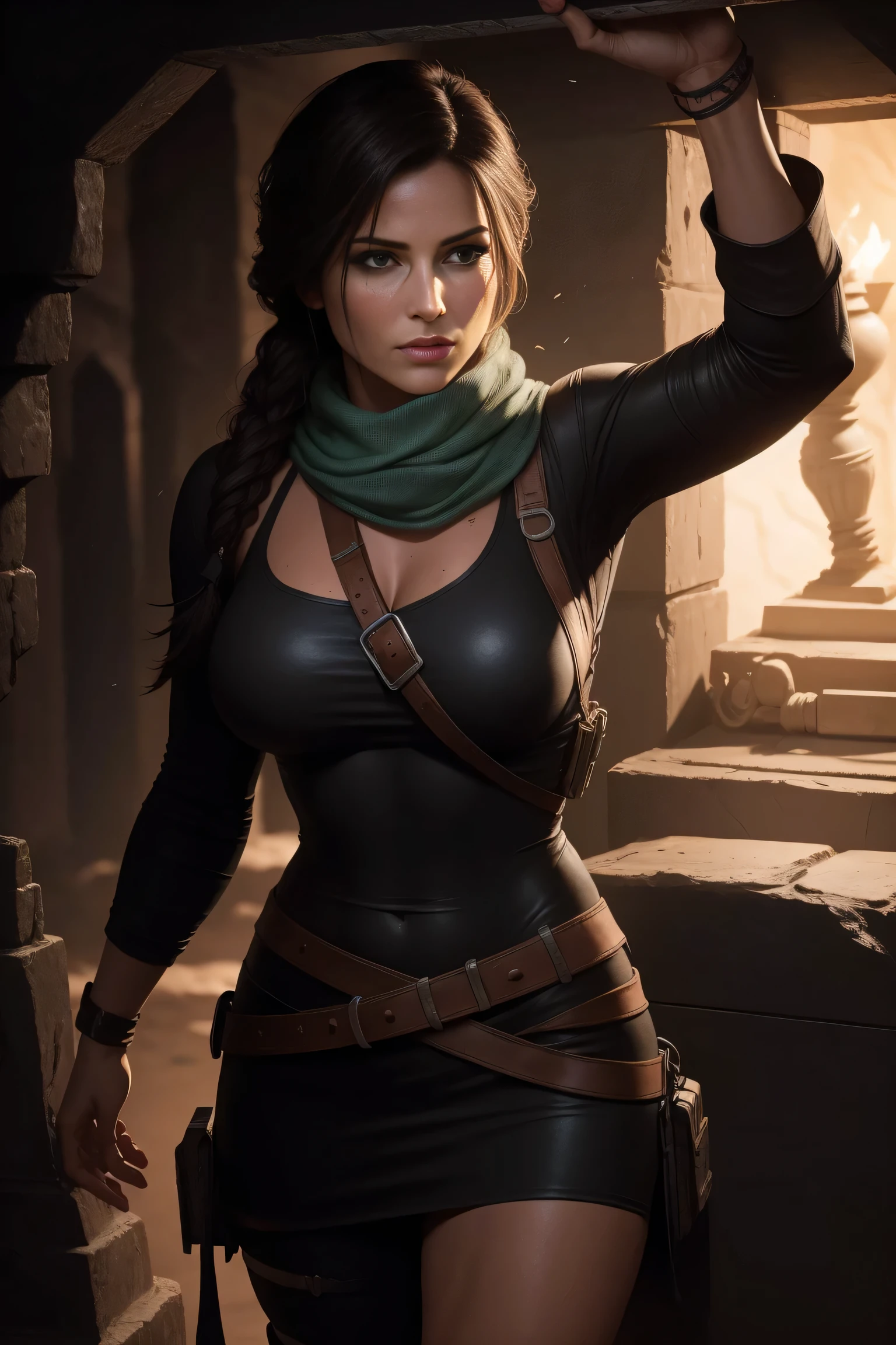 Lara Croft holding a metal hexagon cube with ancient drawings in her hands, standing in a Tomb, dark lighting, underground Tomb, perfect anatomy, beautiful face, perfect hands, broken statues in the background, wearing a dark coat and a scarf, DLSR, sharp focus, soft lighting, perfect face, ultra detailed face, perfect brown eyes, beautiful face