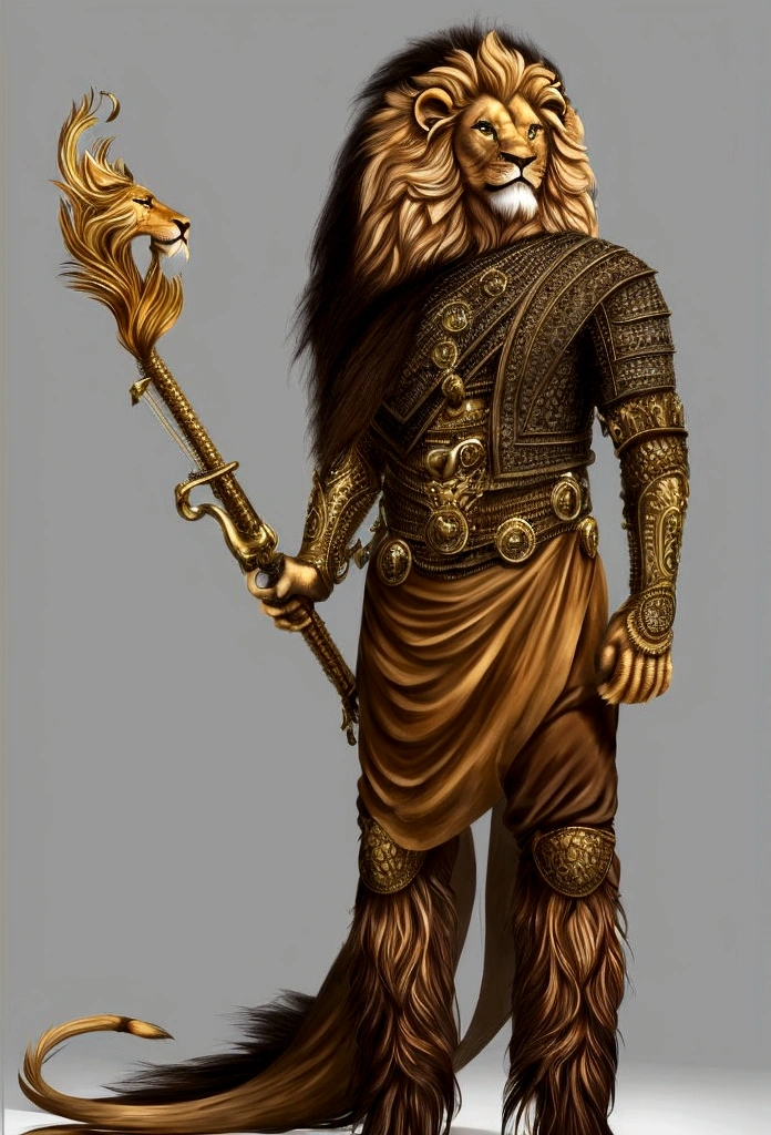 Lion with open mouth, full length, stands on two legs like a man, a lush mane,realistic style, high quality, plain background