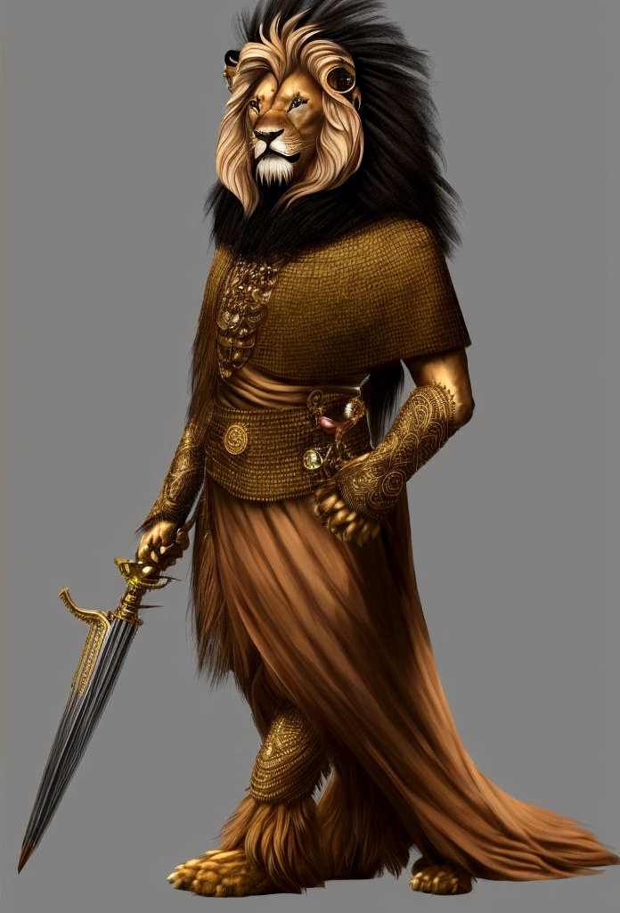 Lion with open mouth, full length, stands on two legs like a man, a lush mane,realistic style, high quality, plain background