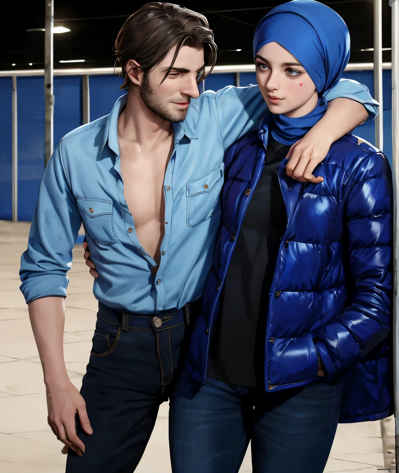 A young German man in a blue cotton shirt and jeans and a Syrian woman in a shiny plastic quilted coat and blue satin headscarf stand arm in arm in front of a refugee shelter, A German man in a cotton shirt and jeans is injured and is supported by a Syrian woman, A Syrian woman wearing a shiny plastic down coat supports an injured short-haired man, who can't walk alone, A Syrian woman wearing a headscarf holds an injured short-haired man in her arms, compassion, accident, injury, first aid, theater, ultra-realistic, photo