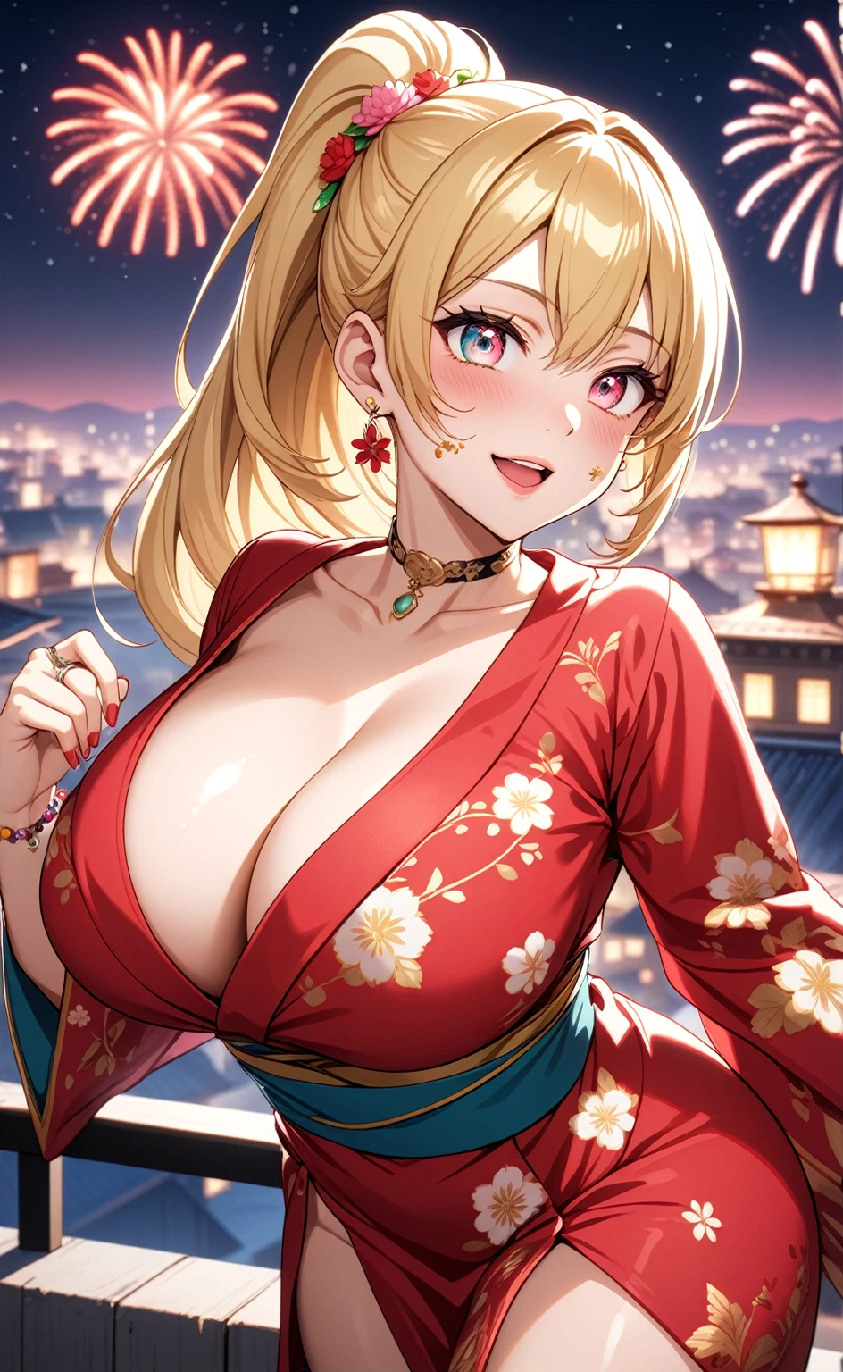 One personの女性)), Beautiful Face,Laughing embarrassedly,((Wink:1.0)),Laugh with your mouth wide open,((Bright red cheeks:1.4)),Glossy pink lips,night,rooftop,Festive decorations,You can see the ocean, firework,Glossy pink lips,Lighting on the face,((Anime style background)),masterpiece, Highest quality, so beautiful, Latest, Complex details, (Pink long nails),(ring),(flower bracelet),Floral choker,AI-generated, Complex,High resolution, Highest quality, super high quality,3D Images、View your viewers、3D Images,One person,Long blonde hair,High Ponytail,Turquoise Eyes,Anime woman posing for a photo, (Fine grain,Colorful eyes,Shining Eyes:1.3),(Squint your eyes:1.1),a hyperRealistic , hyperRealistic , Realistic,Blonde anime woman with long hair, Smooth anime CG art, A woman in a colorful kimono with gold embroidery, (Pink long sleeve kimono),Red floral pattern,Long flower hair ornament,Large floral earrings,(ring),(Big Breasts:1.1),Mature Body,Tall,Big Ass,Narrow waist,Abdominal muscles,(Zoom in on face:2.0),