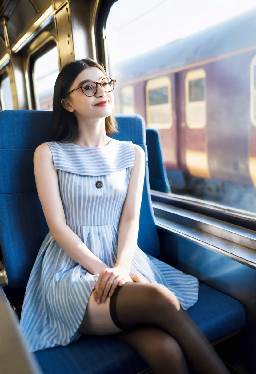 (Best quality, Ultra detailed, Golden ratio, Masterpiece:1.2), Theatrical lighting:0.7, Photo of a woman, dressed in a very elegant and pretty dress, Perfect rare face, realistic, deep blue eyes (Highly detailed skin), long black straight hair, skin texture, Pale skin, shiny skin, (thin, large size:1.5), [:(Sharp focus on rare face, perfect eyes:1.2):0.1], photorealistic, film grain, Put one foot forward, from below looking up, look at camera, Emphasize the shoulders, Focus on face, Stockings, glasses, Smile with corners of mouth raised, disdainful expression, summer haze, muted colors, muted warm colors, Photo cinematic portrait of a woman dressed in a striped light blue dress sitting by the window in the early morning, cinematic, (tilted:1.2) (on an old train) look cautious, standing under a spotlight, volumetric dust clouds, key light, backlight, soft natural lighting, photography Film grain ISO 600 30 mm lens RAW f1.8 aperture, highly detailed (analog photography:1), colors hdr
