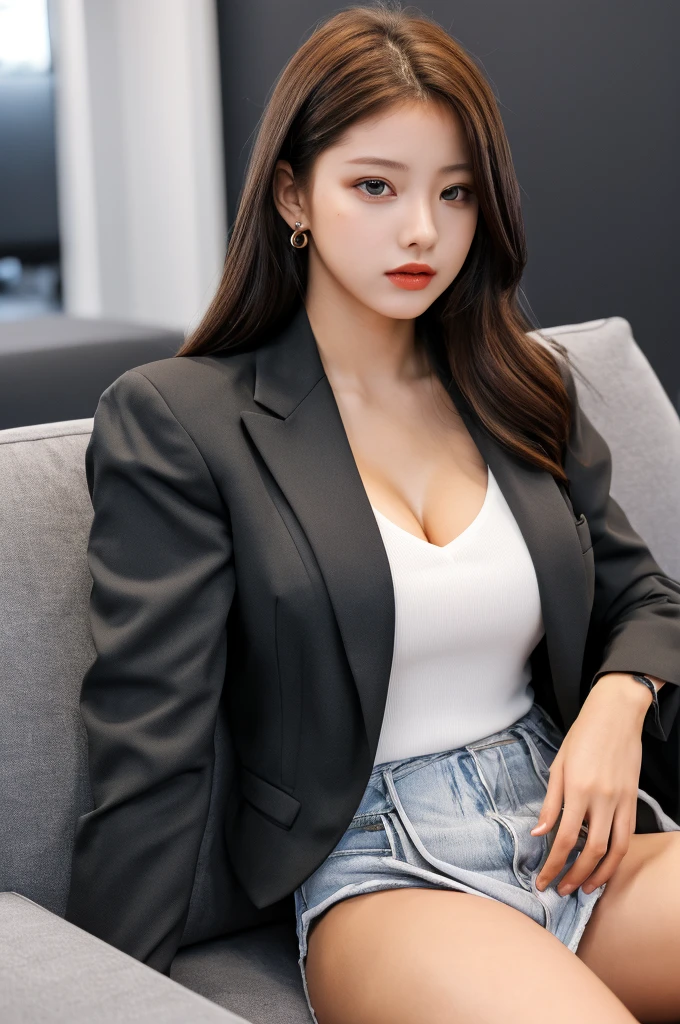 a 19 year old actress is the most beautiful woman in the world, perfect proportions of woman's body, blazer is worn with formal shirt on her upper body, her vagina between opened legs, two pairs of labia under a clitoris, her pubic hair, she is sitting on a couch, nsfw, best quality, highly detailed, masterpiece, ultra high res, photo realistic, 8k