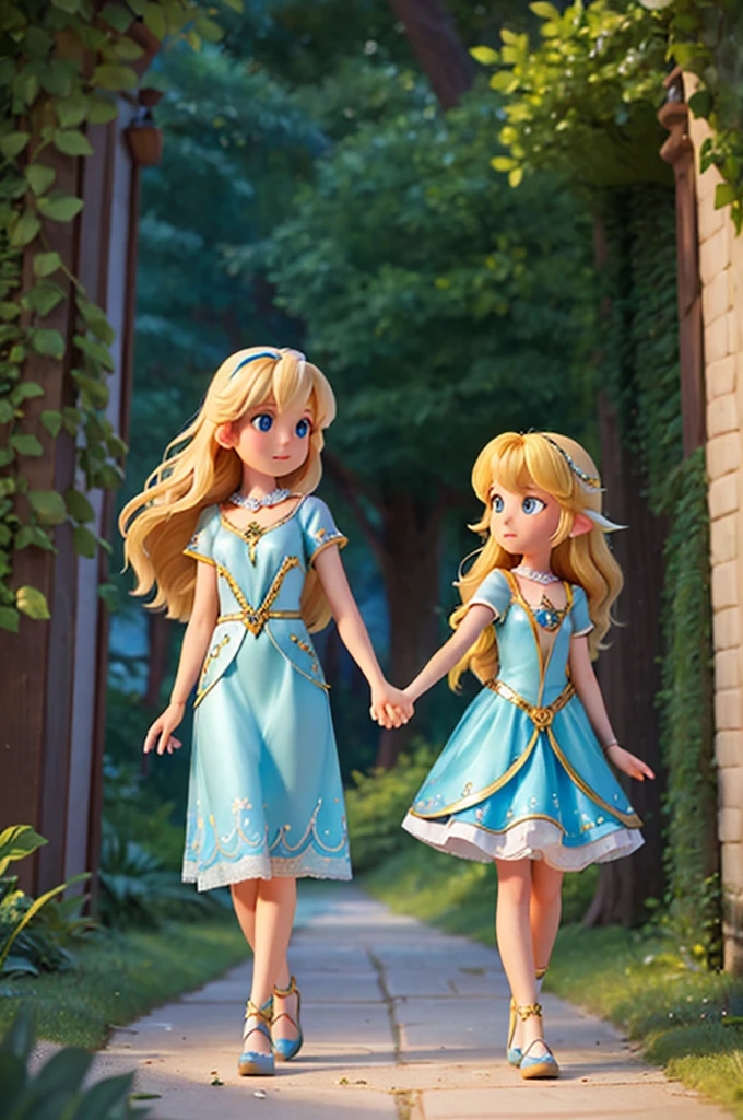 with long golden hair and bright eyes full of sparkles and a blue color, finds herself holding the hand of a fairy with short blonde hair, while they find themselves on a path with a bright road inside a fantasy forest
