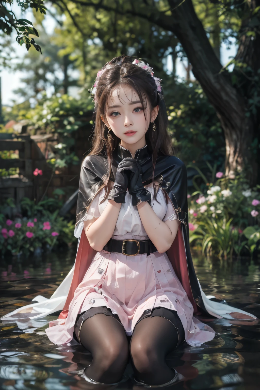 water，wet，masterpiece,best quality,high resolution,Extremely detailed,Elena,have,Long hair,curls,Pink Eyes,earrings,cape,dress,Short sleeve,Gloves,belt,skirt,Black pantyhose,boots,Wind lift,blush,(Make it embarrassing:1.2),outdoor,garden,