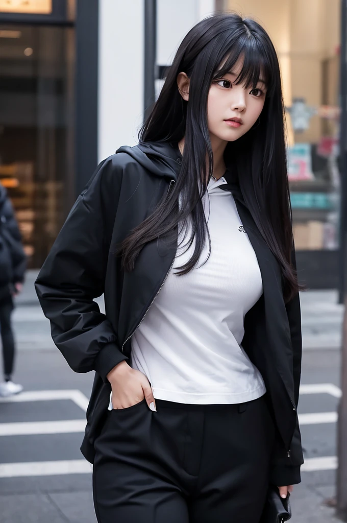 A girl with long black hair wearing a long black jacket with a hood Black trousers tall Slightly larger breasts With bangs Thin legs