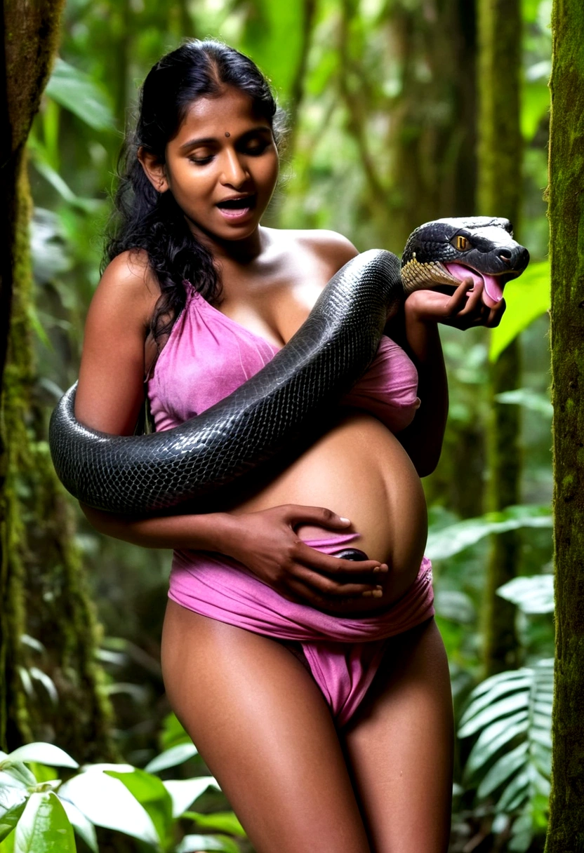 Pregnant Topless pink thong wearing aroused horny beautiful happy young Indian girl vs Giant black anaconda monster wrapped around her body squeezing her in coiled embrace cuddling and kissing sexual erotic bestiality sex realistic in the rainforest full body, best quality wet