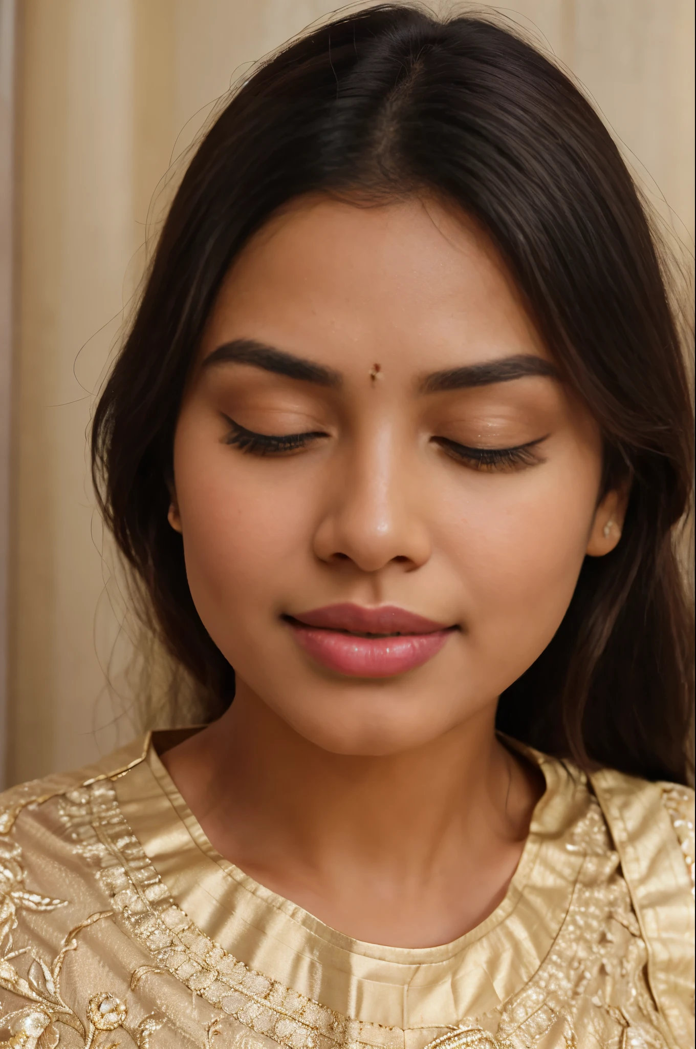 Photorealistic, Ultra-detailed, Ethnic Beauty, Portrait Photography, Solo, Intimate Up-close Shot, Standing Tall, Soft Lighting, Subtle Highlights on Nose and Dewy Skin Texture, Brown Eyes Radiating a Gentle Glow, Pearl-embroidered Lace Fabric Outfit with Intricate Designs, Playful Expression: One Eye Closed and Sticking Out Tongue, Displaying a Happy Face, Enhanced by White Eyeliner and Glasting Color Gloss Lipstick, Ethnic Indian Fashion, Yellow Indian Dresses, Detailed and Decorated, Realistic, Post