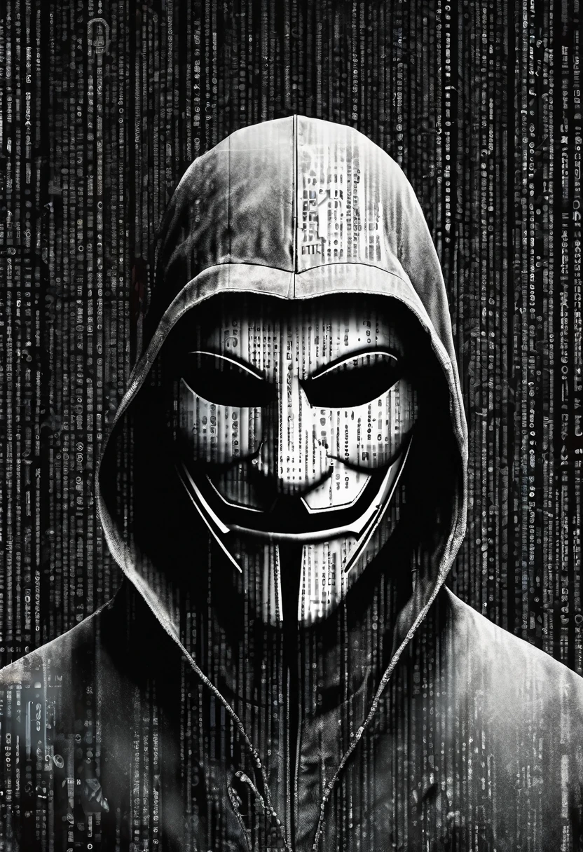 Masterpiece quality wallpaper, Hacker, wearing vendetta mask, binary numbers in background, highly detailed and stylized, 8K UHD,