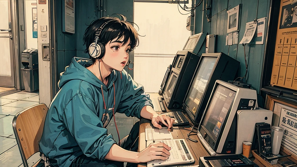 1 boy, 80s anime style, I have headphones on, coffee, Retro, Lo-Fi
