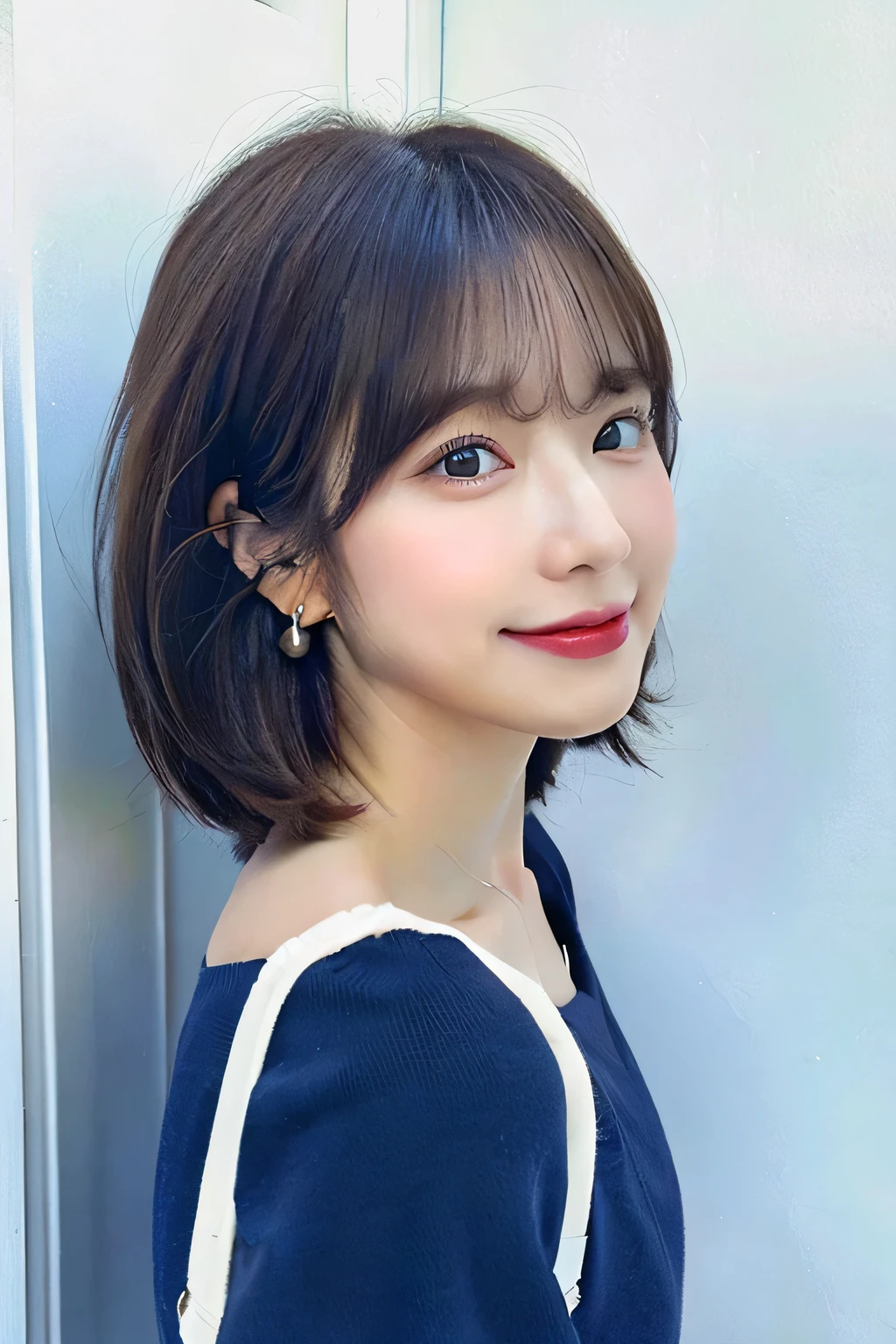 (8K、Raw photo、highest quality、masterpiece:1.2)、High-definition RAW color photo、professional photos、(realistic、photo realistic:1.37)、cinematic light、1 girl、laughter、white wall、Taken in front of the white door、(A room with a white wall and a window)、Versatile poses、Winter clothes、simple necklace、(Beautiful profile:1.3)、Don't look at the camera、profile、bob、Bob Hair、bob cuts、((Navy hair color))、Long Bob、profile、normal and detailed eyes、Dark brown eyes、earrings、(pastel clothing)