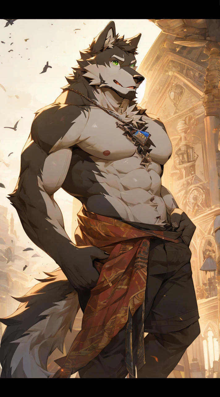 Wolf，Black fur，（（Green eyes）），Proud expression，Topless，gate of hell，Full body portrait，hairy，8 K，wallpaper，Detailed background，Extremely lifelike shadow，（（（masterpiece））），Very detailed body，Eye details，Hand details，lifelike