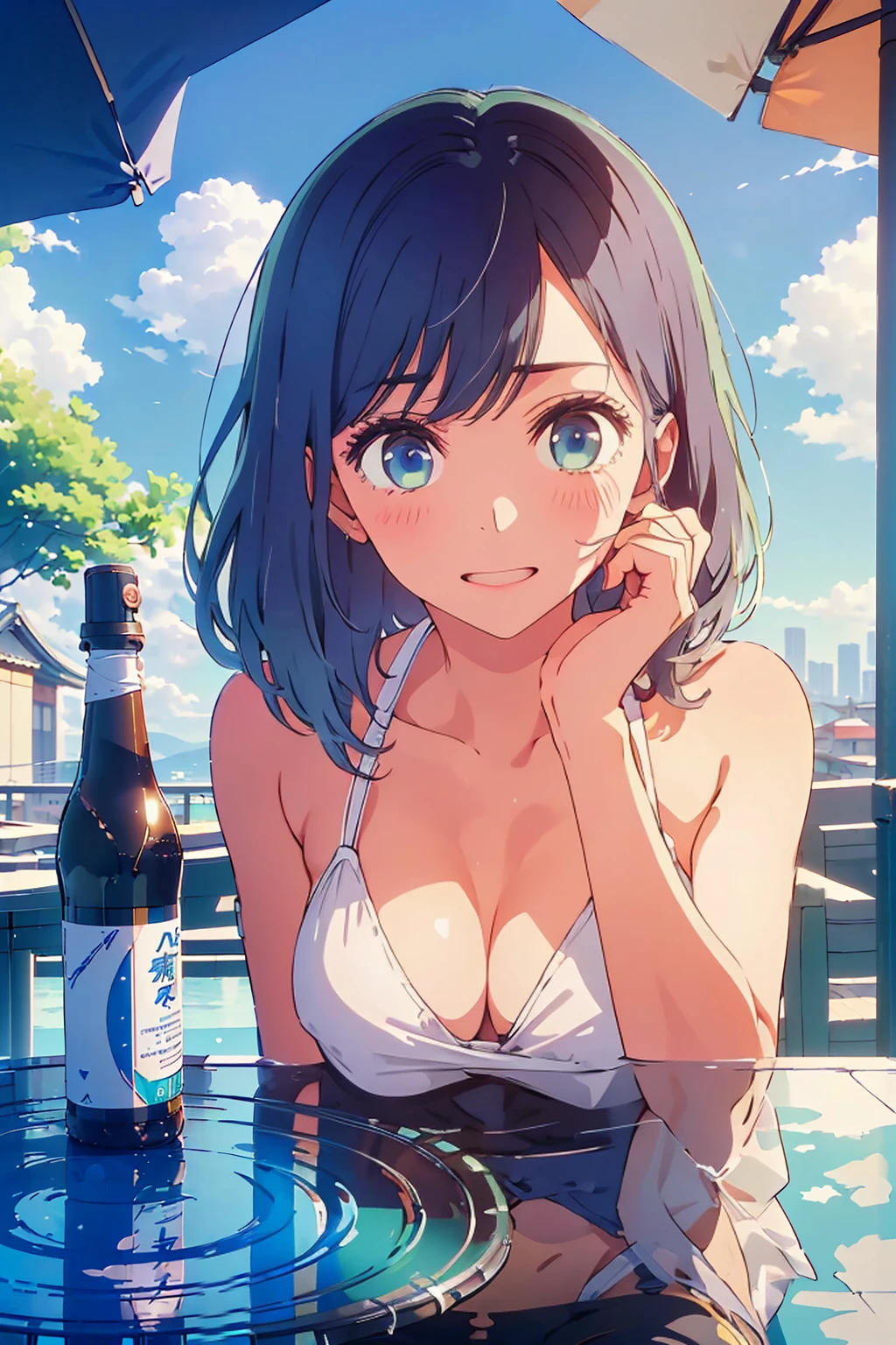 (Highest quality:1.4、8K:1.4、detailed)、F cup bust、Big Breasts、Slim body、Very white beautiful skin、((((1 person、Surprised expression、sit、Chair、In the background are the urban buildings of Tokyo、looking at the camera、Outdoor café terrace、coastal、Navy hair color、juice、White side string high leg bikini、Shooting up close、table、Very cute face))))、(Pose of putting hair behind ears with both hands:1.4)、Very blue sky、A completely cloudless sky
